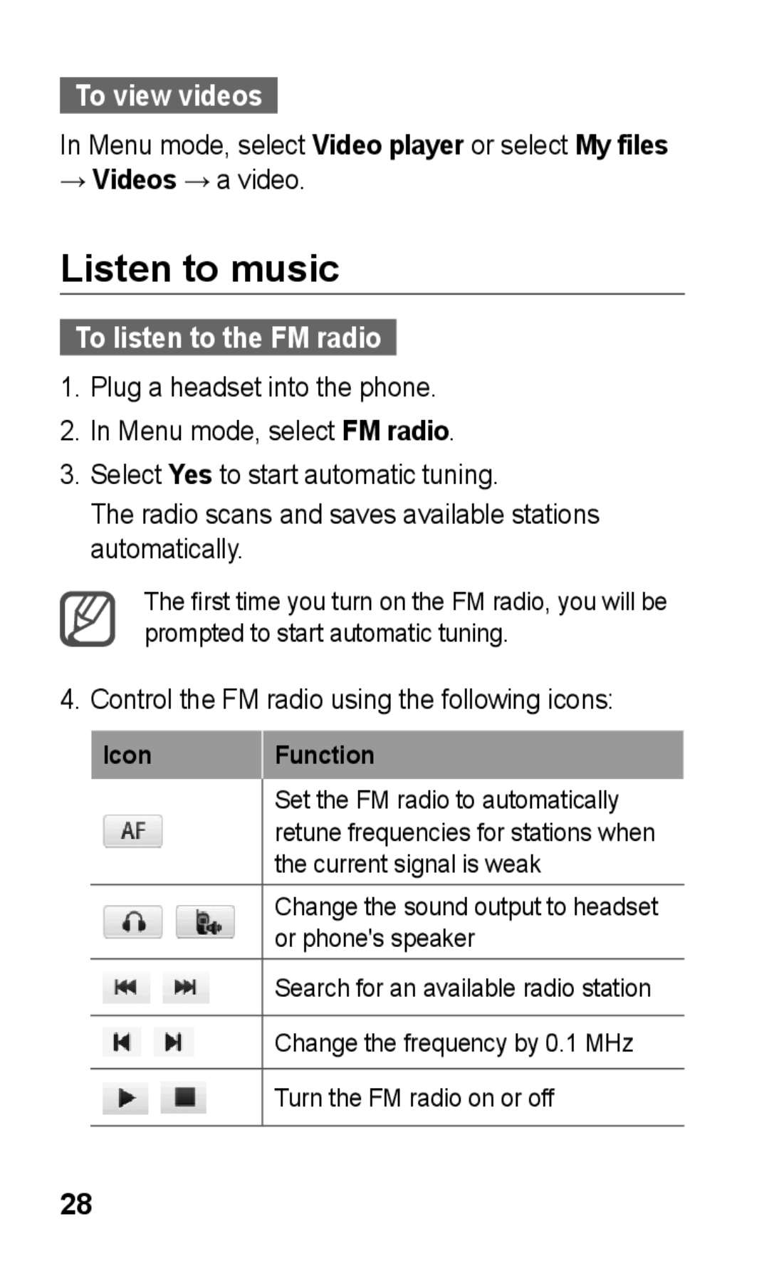 Samsung GT-S5260RWPMTL, GT-S5260RWPDBT, GT-S5260OKPDBT manual Listen to music, To view videos, To listen to the FM radio 